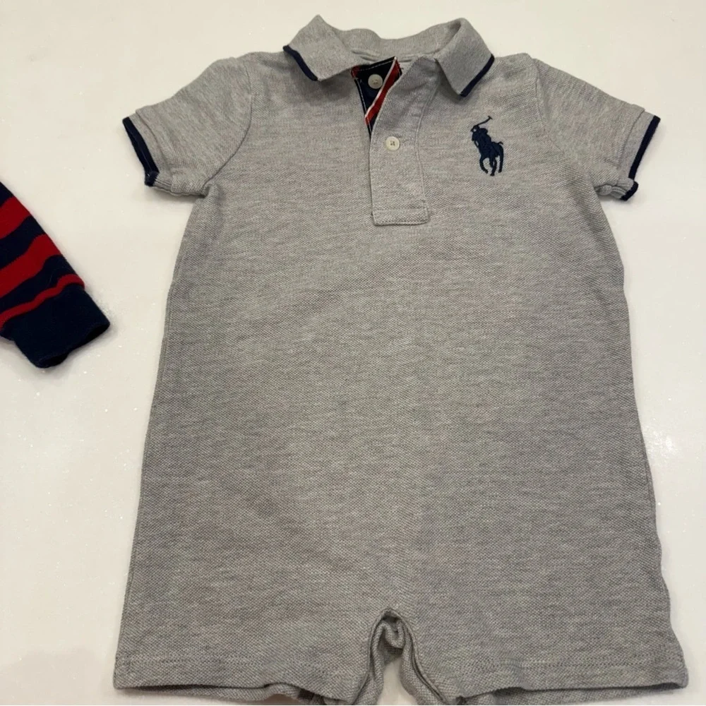Ralph Lauren Toddler Boys Lot Of 2 Big Pony Romper /Striped Polo Shirt 12 Mo